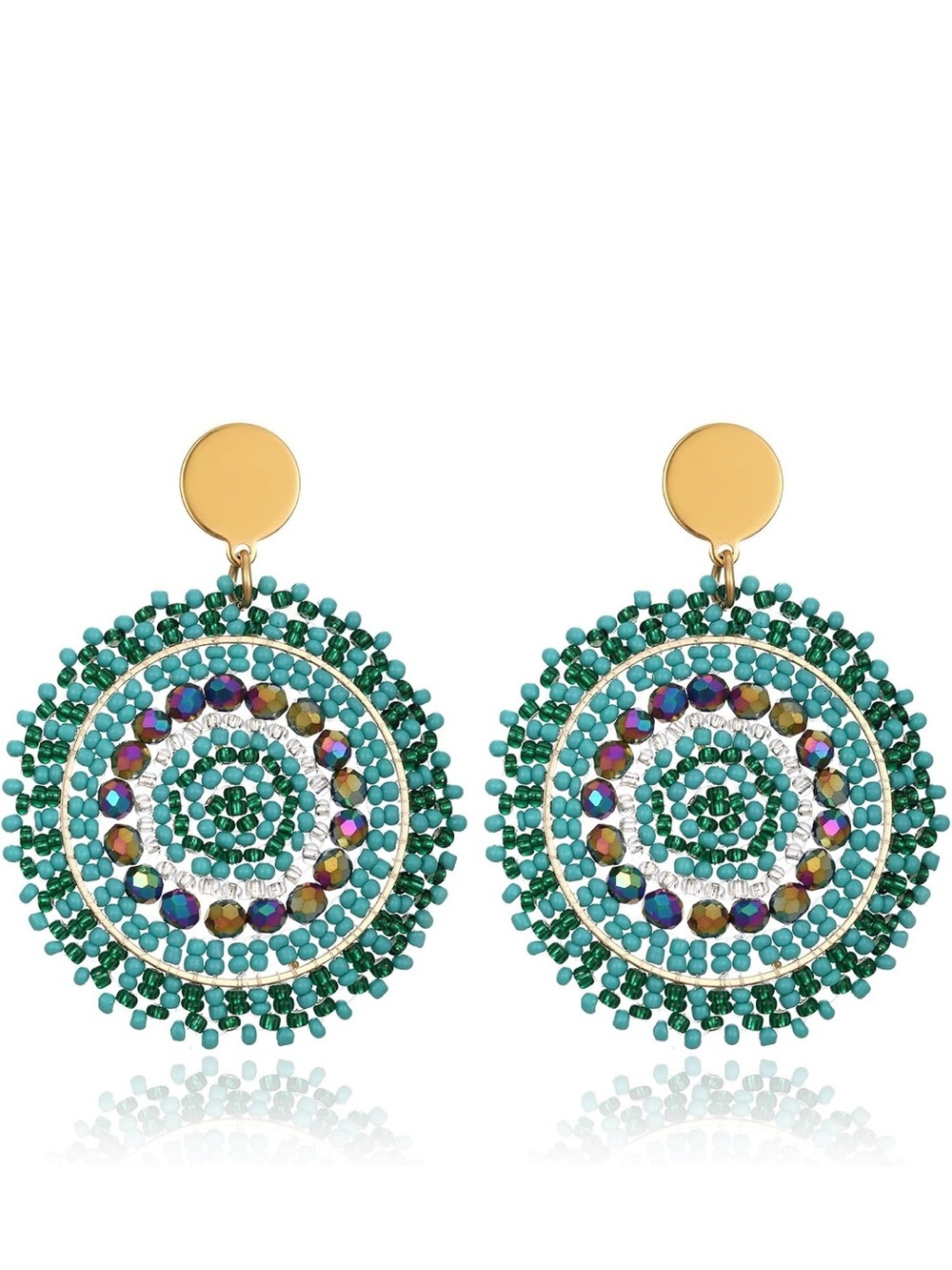 Anthropologie Gold-Top Turquoise & Emerald Beaded Hoop Earrings